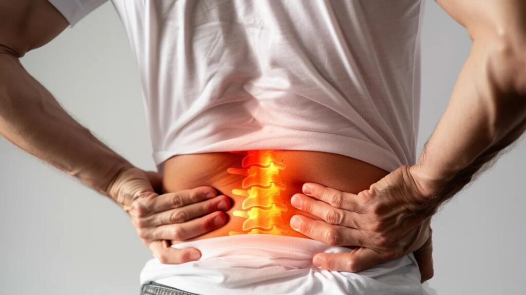 Man with lower back pain, highlighting spinal area with glowing spine illustration, representing neuropathic pain relief and spinal cord stimulation treatments at Silver Creek Pain Relief Center.