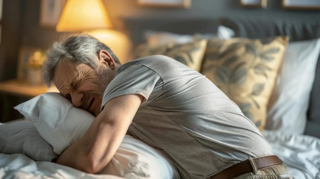 Elderly man in bed experiencing pain, highlighting the impact of chronic discomfort related to failed back surgery syndrome and the need for effective pain management solutions.