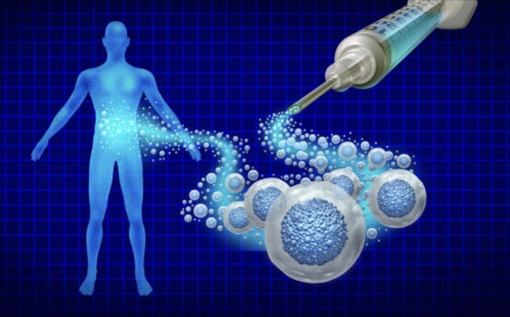 Illustration of human figure with glowing particles and syringe injecting regenerative cells, representing regenerative medicine in pain management.